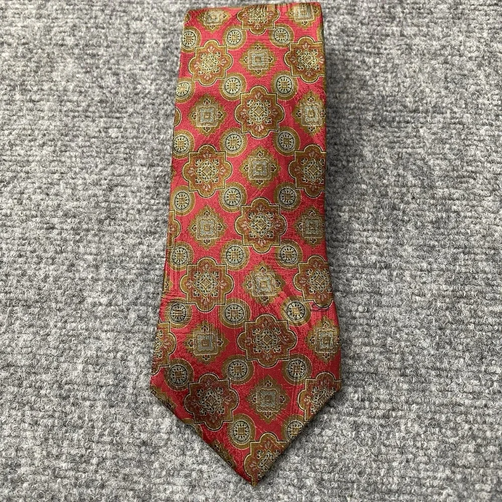 Vintage S.T. Dupont Paris Tie Red Olive Green Medallion Ornate Silk Made France